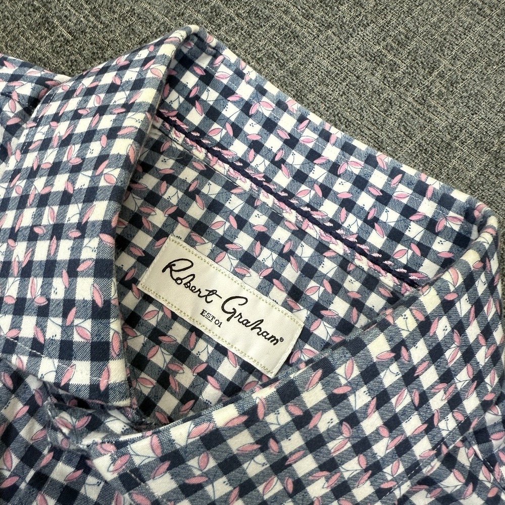 Robert Graham Button Up Shirt Mens 42 16.5 Blue Pink Check Plaid Floral Preppy